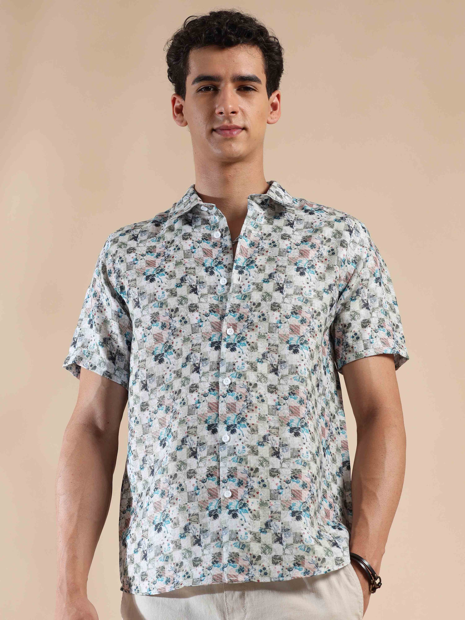 Half sleeve printed beige polyester cotton shirt for men