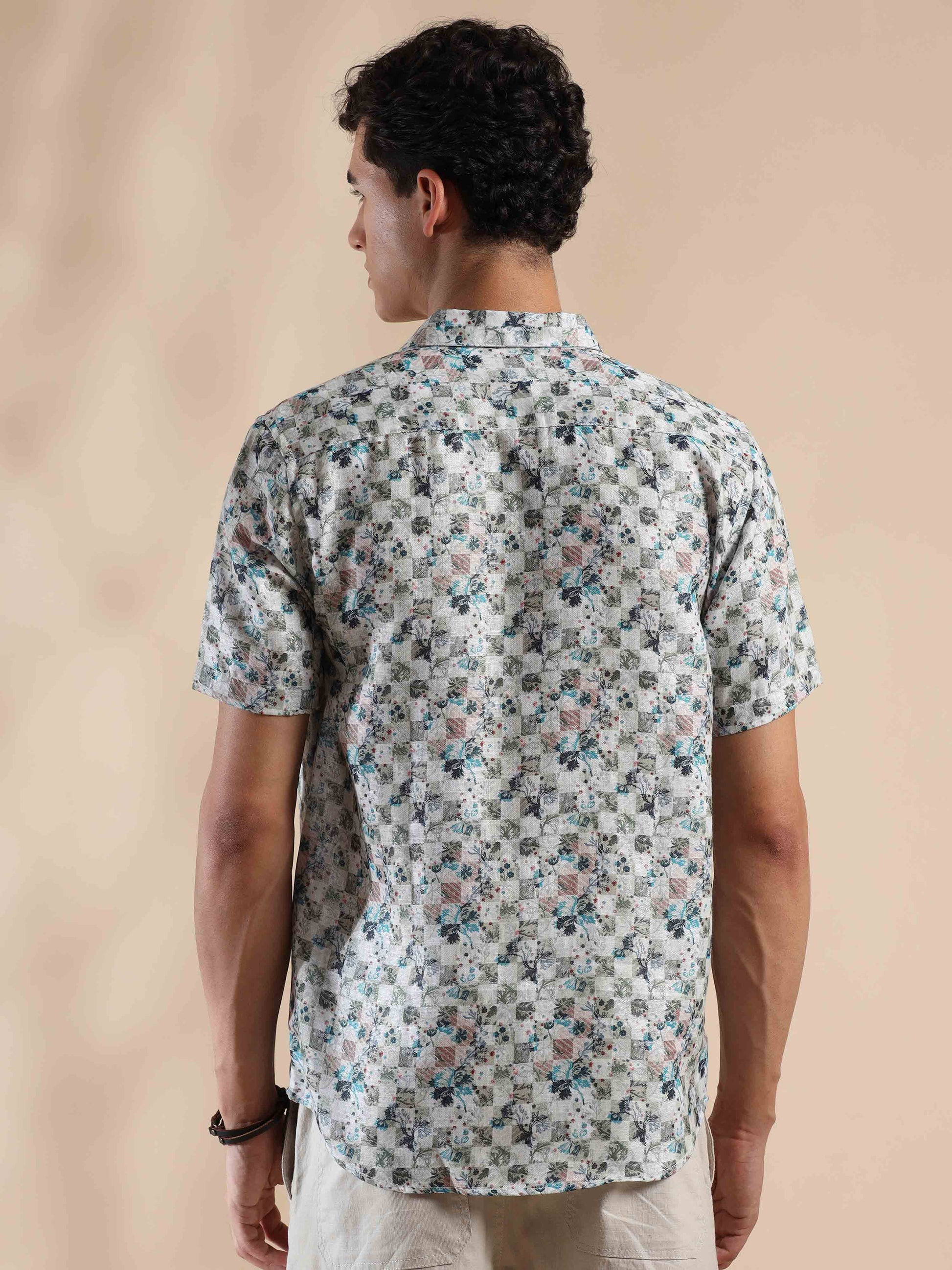 Half sleeve printed beige polyester cotton shirt for men