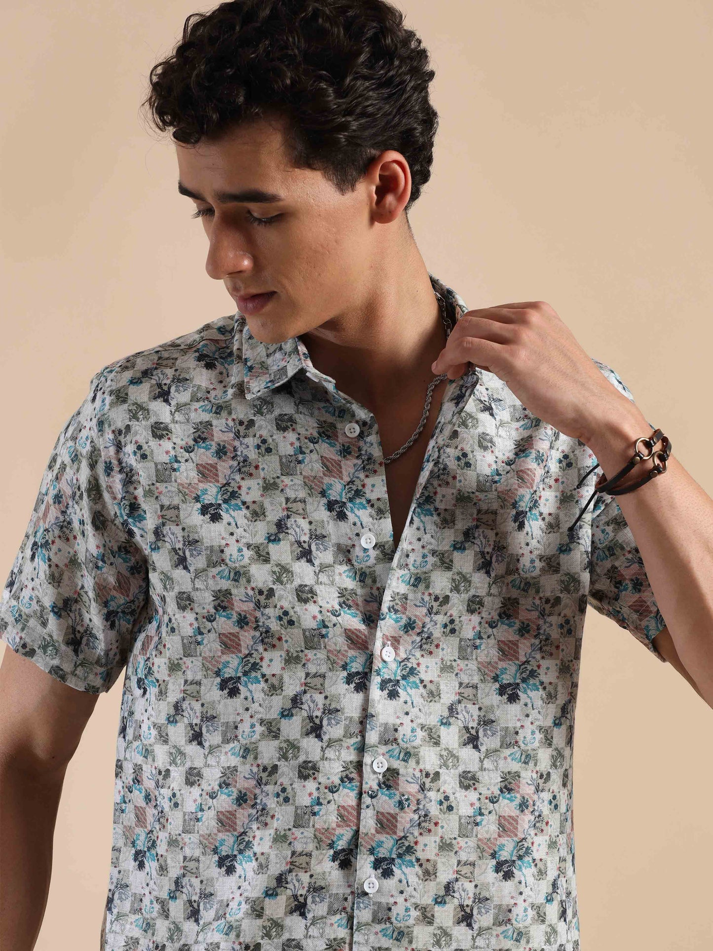 Half sleeve printed beige polyester cotton shirt for men