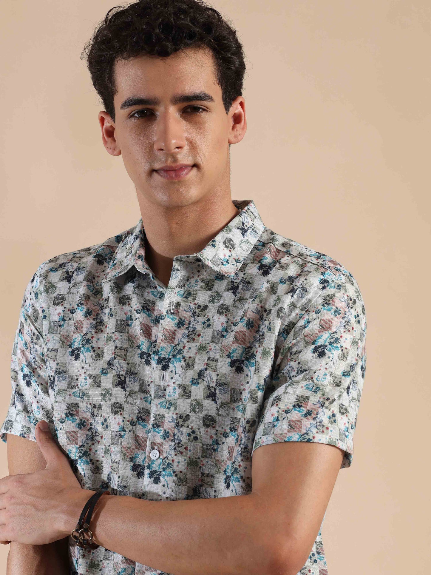 Half sleeve printed beige polyester cotton shirt for men