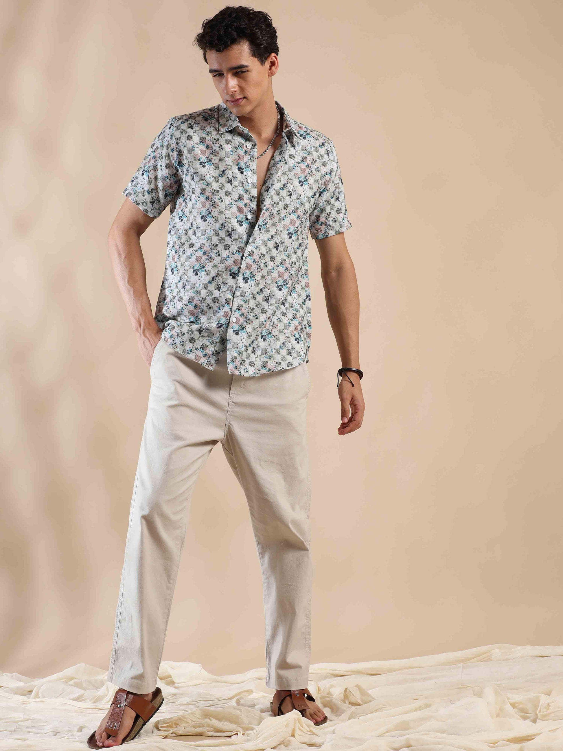 Half sleeve printed beige polyester cotton shirt for men