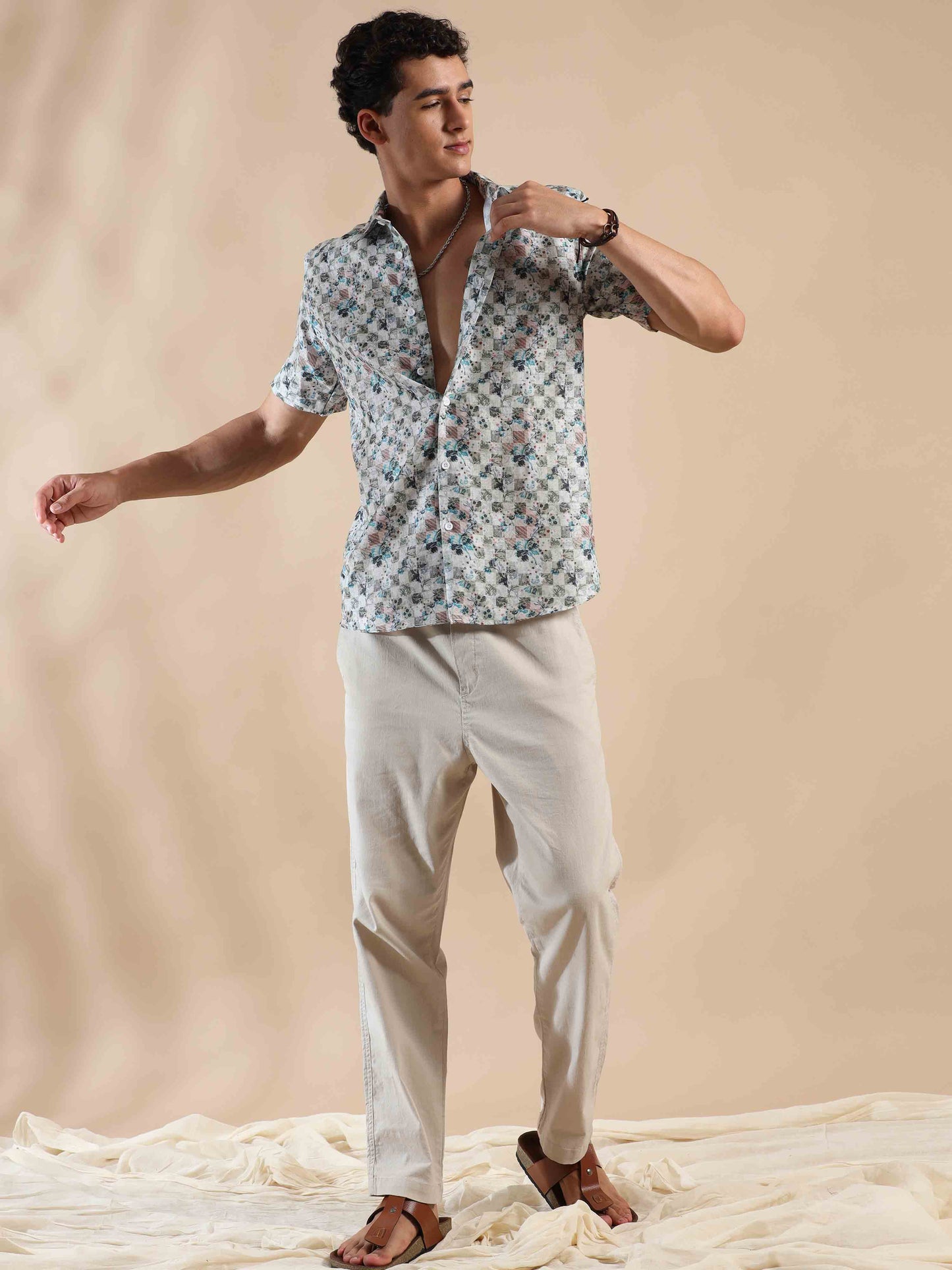 Half sleeve printed beige polyester cotton shirt for men