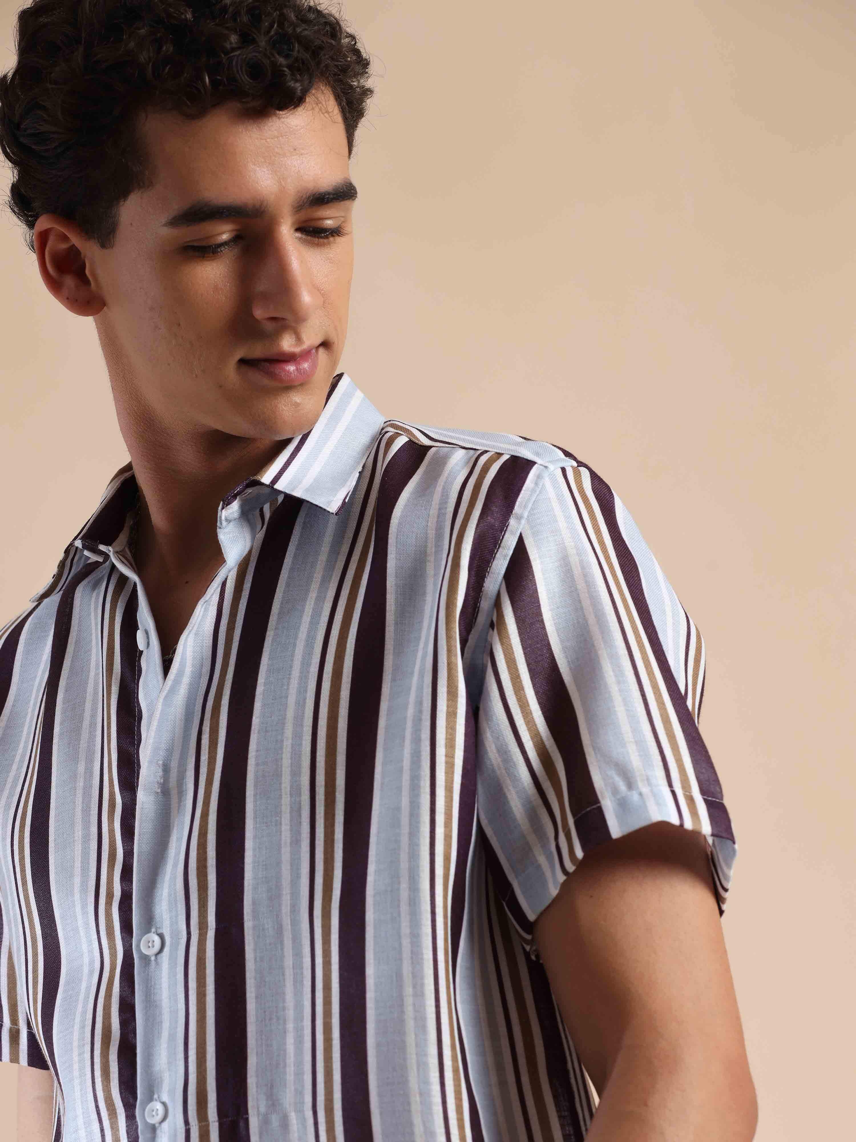 Half Sleeves Stripes Polyester Cotton shirt for Men