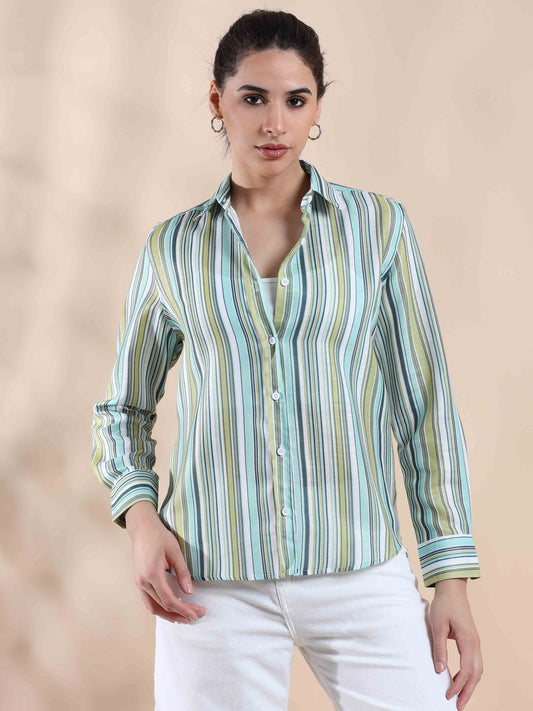Green Stripe Cotton Shirt for Women