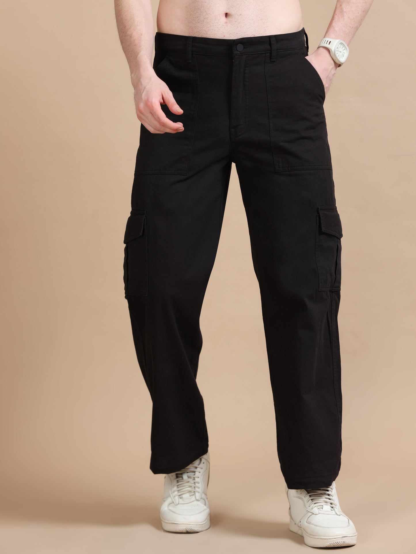 Black Utility Denim Plus Size Cargo Trousers​ for Men