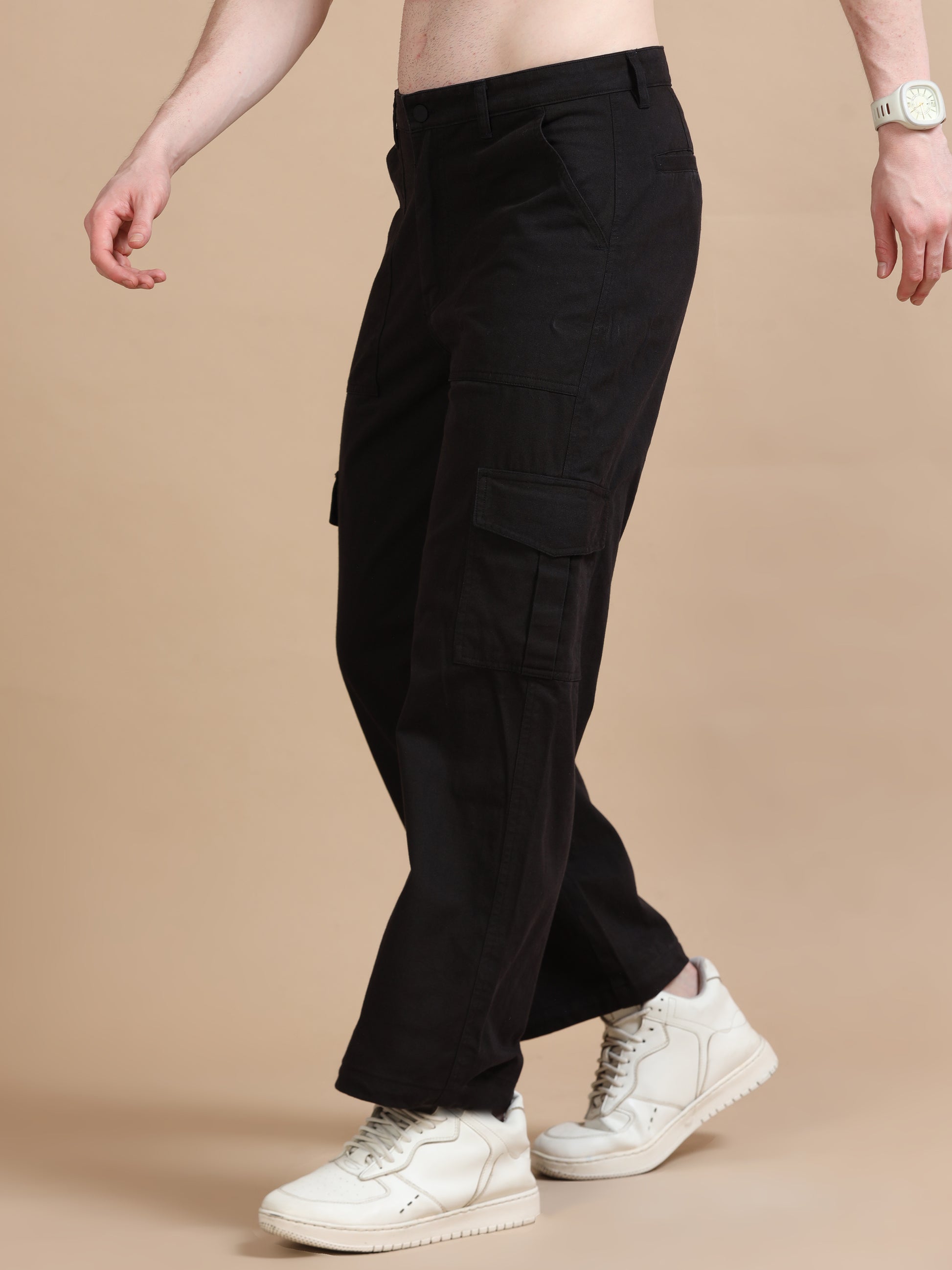 Black Utility Denim Plus Size Cargo Trousers​ for Men