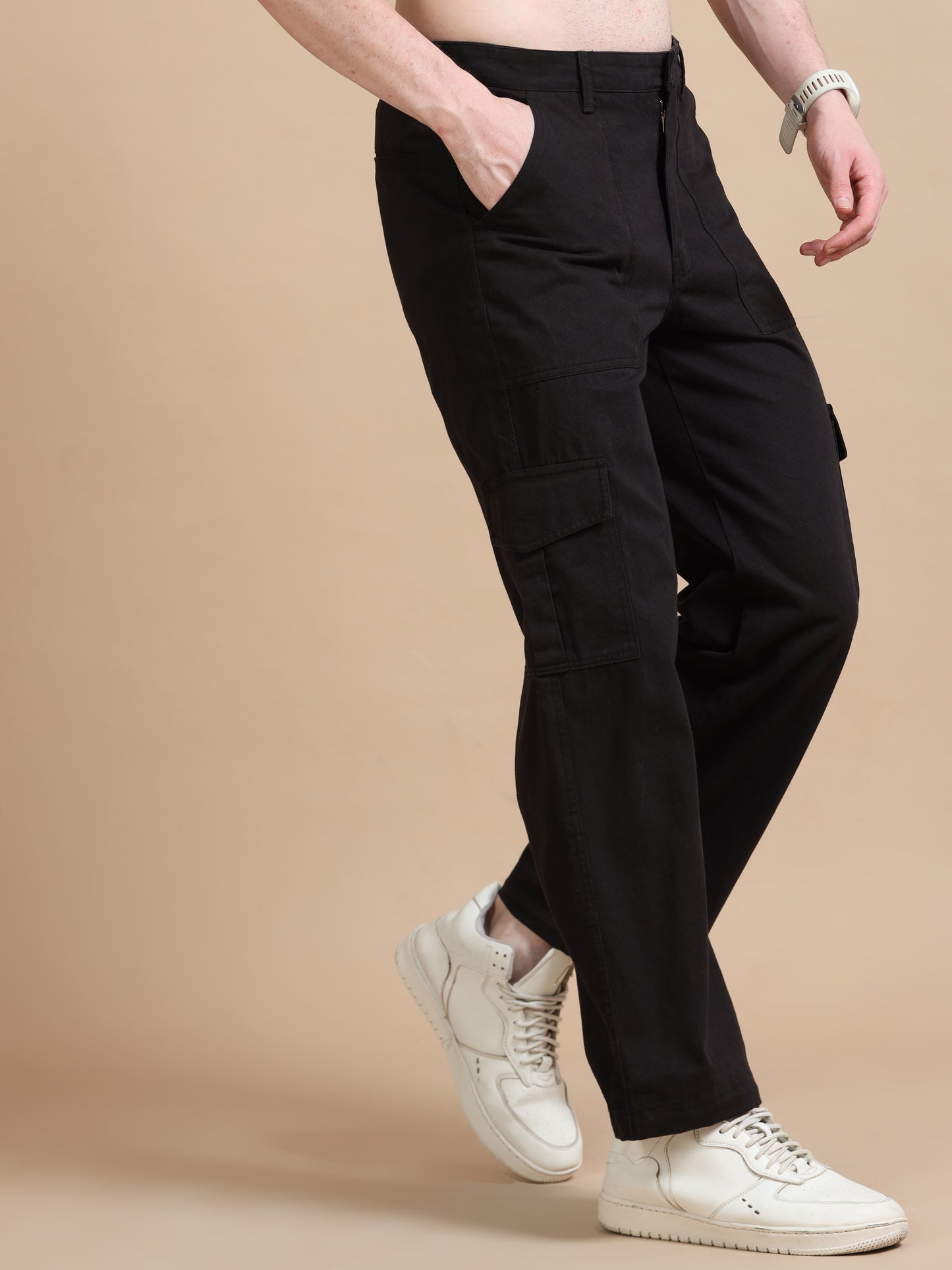 Black Utility Denim Plus Size Cargo Trousers​ for Men