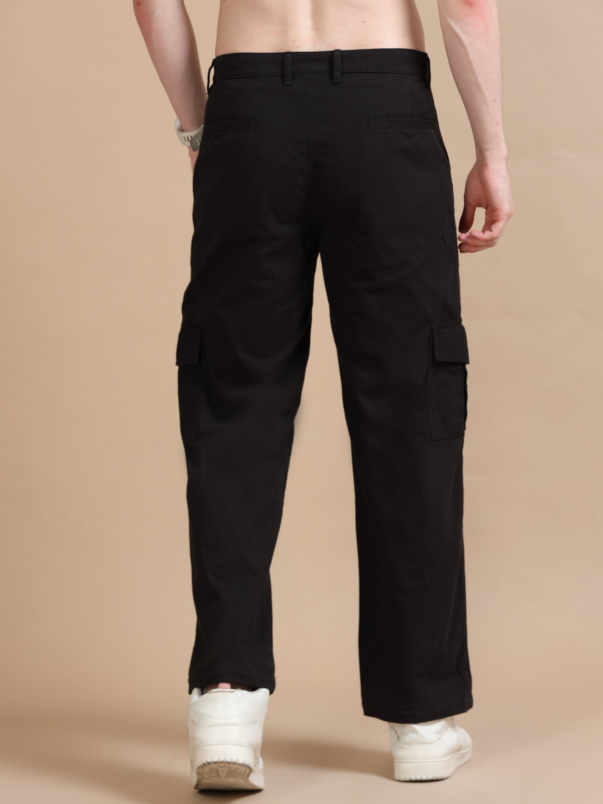 Black Utility Denim Plus Size Cargo Trousers​ for Men