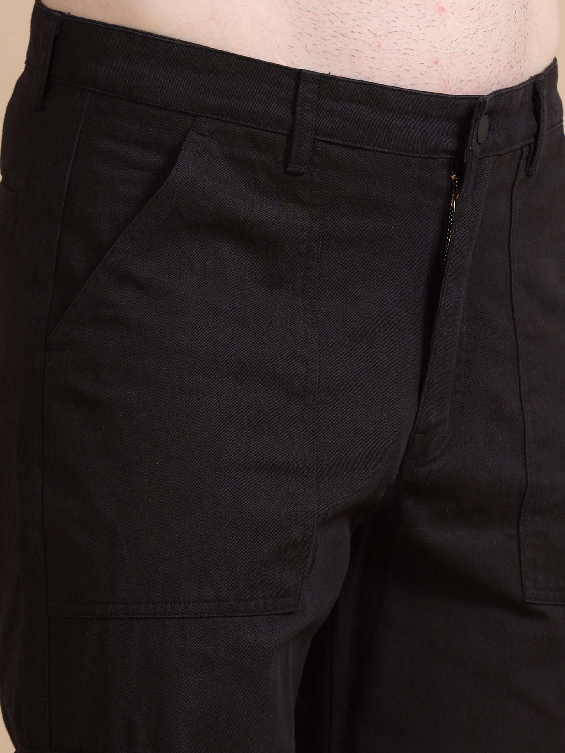 Black Utility Denim Plus Size Cargo Trousers​ for Men