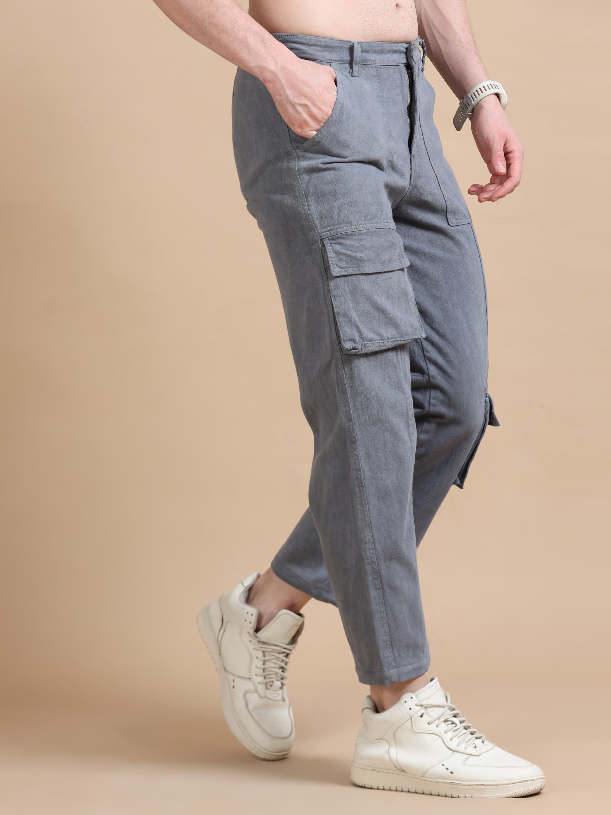 Grey Utility Denim Cargo Trouser Mens 