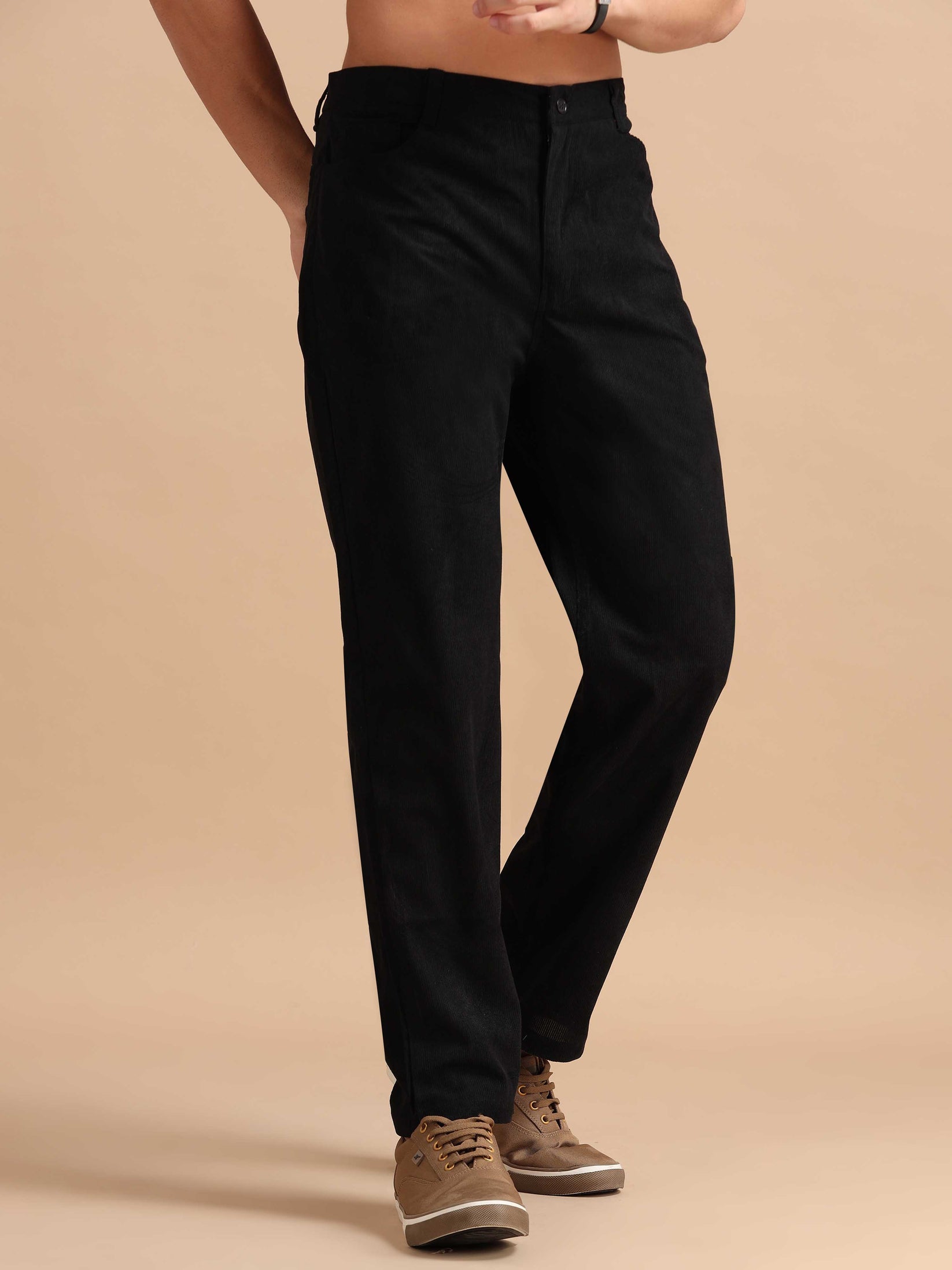 Men's Corduroy Black Regular Fit Trousers